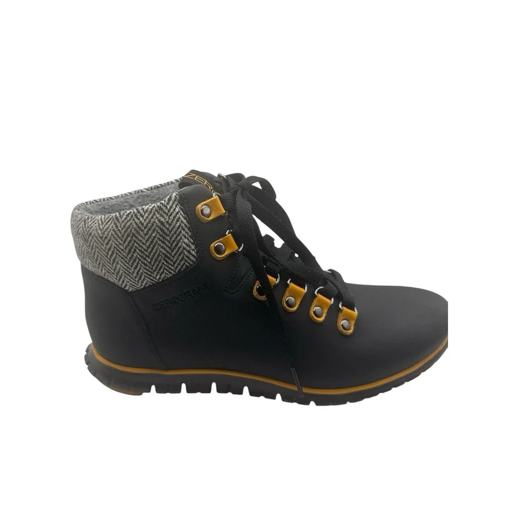 Cole Haan Zero Gravity Waterproof Boots Woman's 6 B Black Leather Yellow Accents